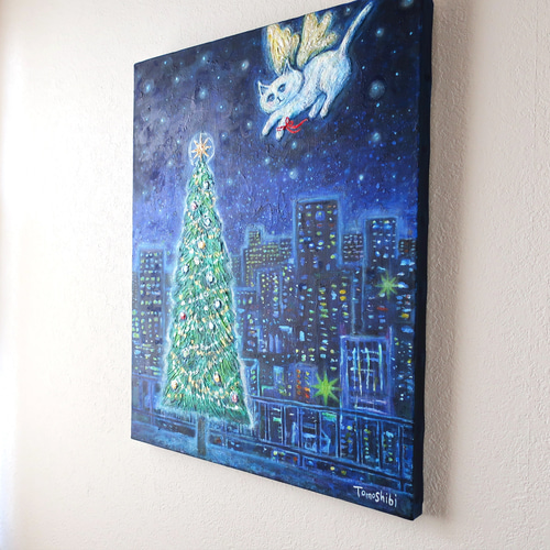 原画「クリスマスに輝く夜の街の空で」 F8号 #絵画 #ねこ #天使猫 #猫