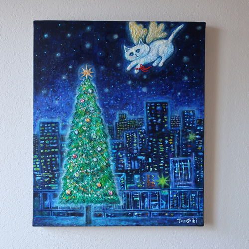 原画「クリスマスに輝く夜の街の空で」 F8号 #絵画 #ねこ #天使猫 #猫