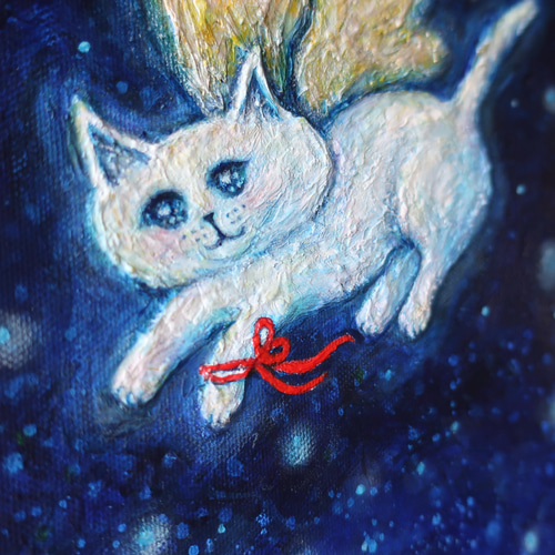 原画「クリスマスに輝く夜の街の空で」 F8号 #絵画 #ねこ #天使