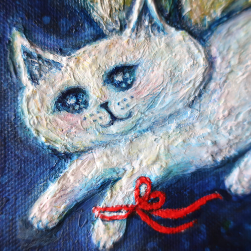 原画「クリスマスに輝く夜の街の空で」 F8号 #絵画 #ねこ #天使猫 #猫