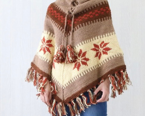 ネパール製 エスニック ノルディックポンチョ ウール100% フリンジ付