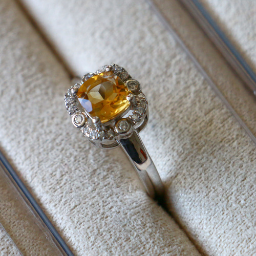 天然石 シトリン キュービックジルコニア Silver リング 指輪 19号