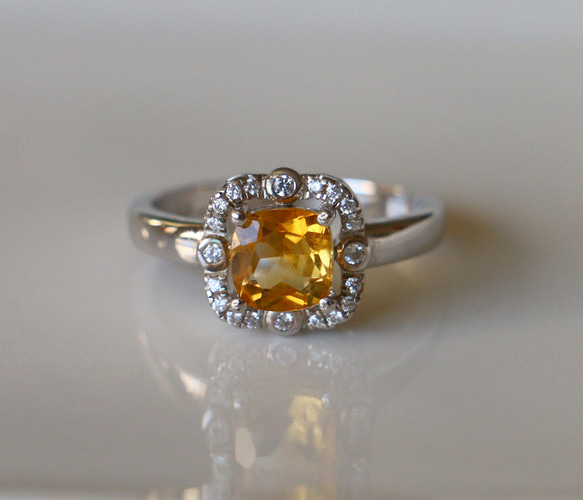 天然石 シトリン キュービックジルコニア Silver リング 指輪 19号