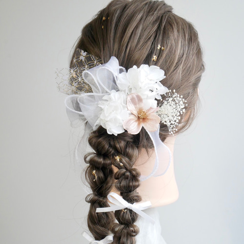O4 オーガンジーリボン ドライフラワー 髪飾り 白 卒業式 袴 成人式
