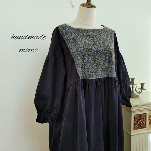 handmadeウィリアムモリス コーデュロイギャザーワンピースfree ウィリアムモリス コーデュロイ ギャザーワンピースfree紺 ワンピース
