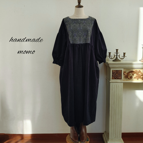 ウィリアムモリスコーデュロイhandmadeギャザーワンピースfree