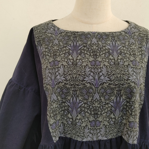 ウィリアムモリス コーデュロイ ギャザーワンピースfree紺 ワンピース