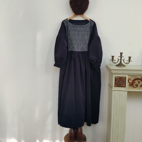 ウィリアムモリス コーデュロイ ギャザーワンピースfree紺 ワンピース