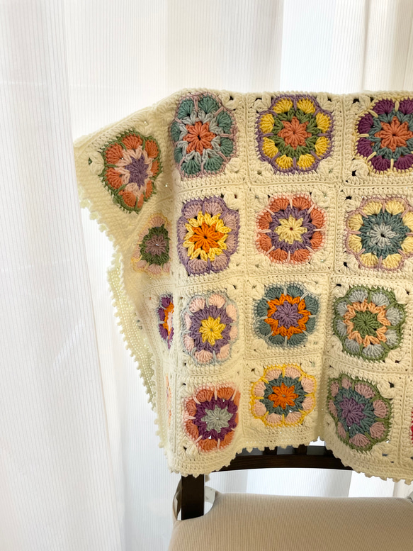 ご確認用。ぷっくり。お花のモチーフ編み ブランケット 約105cm×75cm