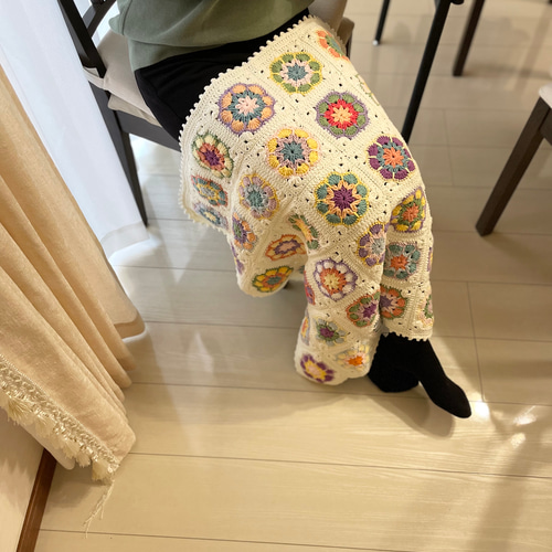 再再販 カラフルひざ掛け モチーフブランケット ひざ掛け かぎ針編み