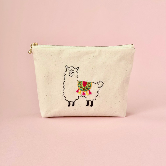 アリス 手刺繍のポーチ 手刺繍＊帆布のファスナーポーチ（アルパカ） ポーチ ココカカオ