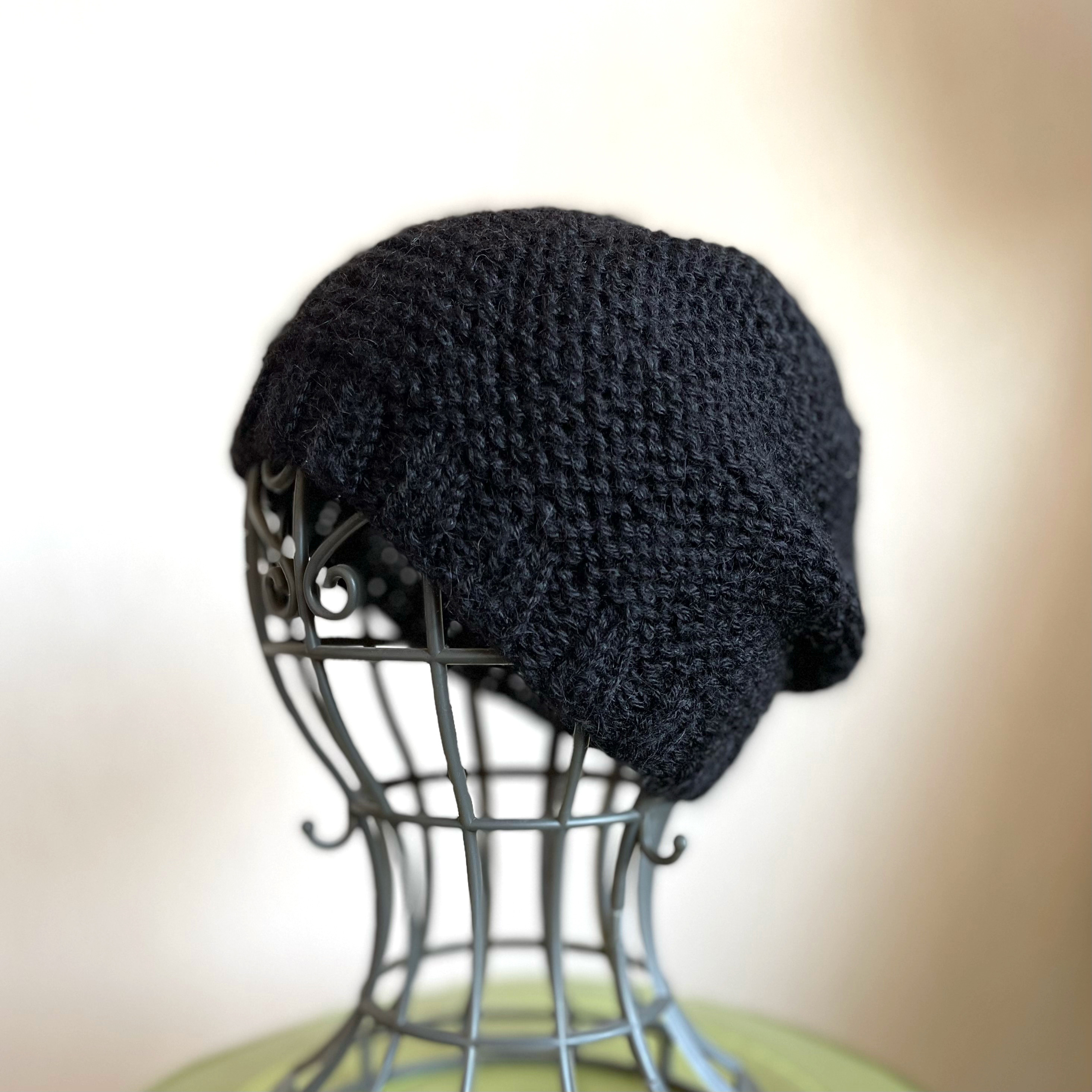 アルパカ混 ニット帽子 手編み ブラック