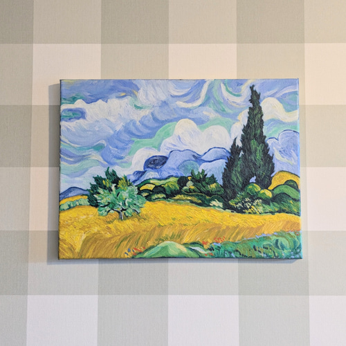 プリントアート ゴッホ 糸杉のある麦畑 絵画 額付き インテリア