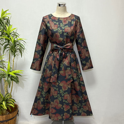 大島紬7マルキ着物リメイク花柄ワンピース2WAY Aラインロングフレア