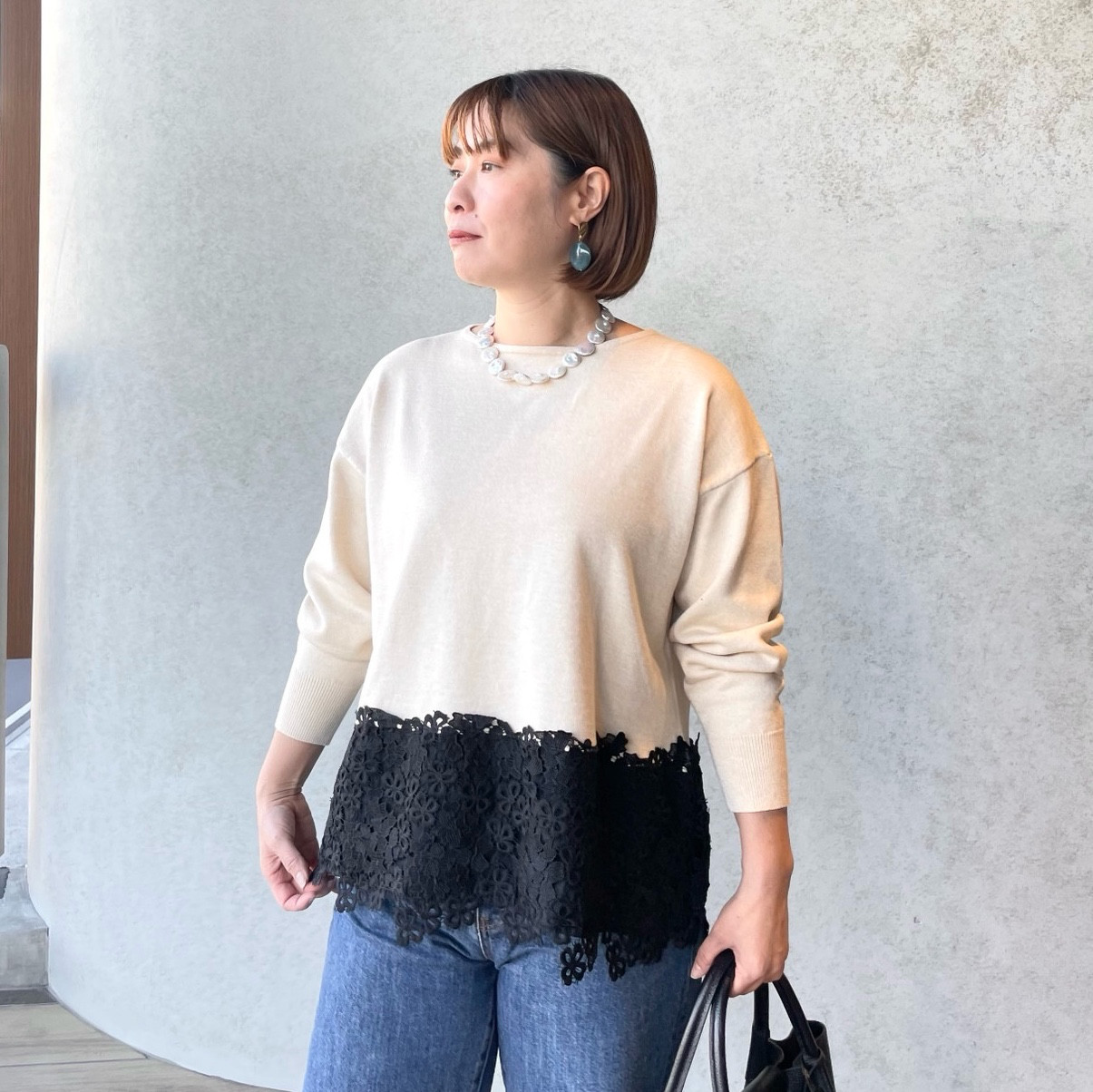 春まで活躍♡ゆったり着痩せ♡360度大人お可愛いレース切り替えニット ベージュ【FREE】KMC-744 710870