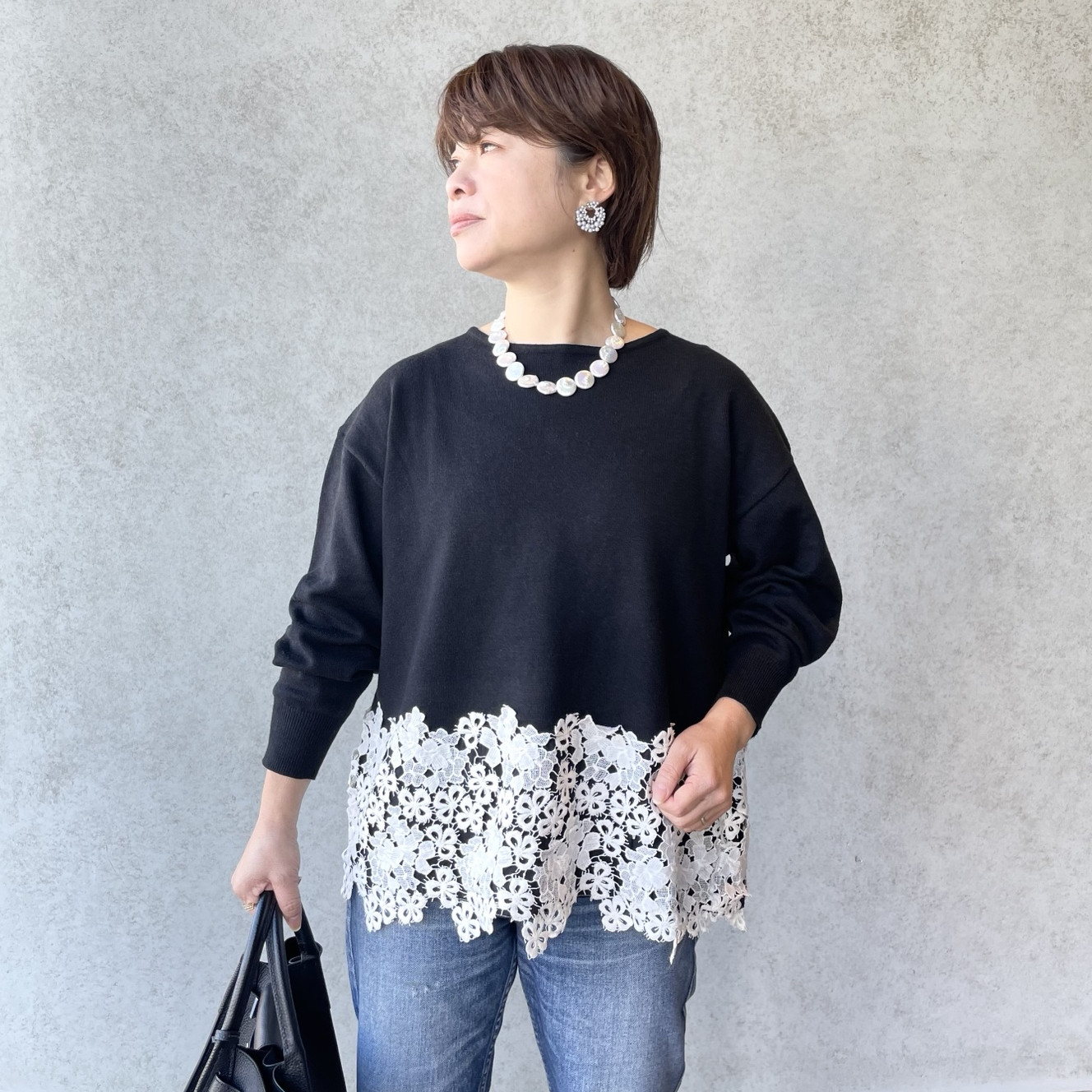 小柄S■春まで活躍♡ゆったり着痩せ♡360度大人お可愛いレース切り替えニット 黒■KMC-744 214754