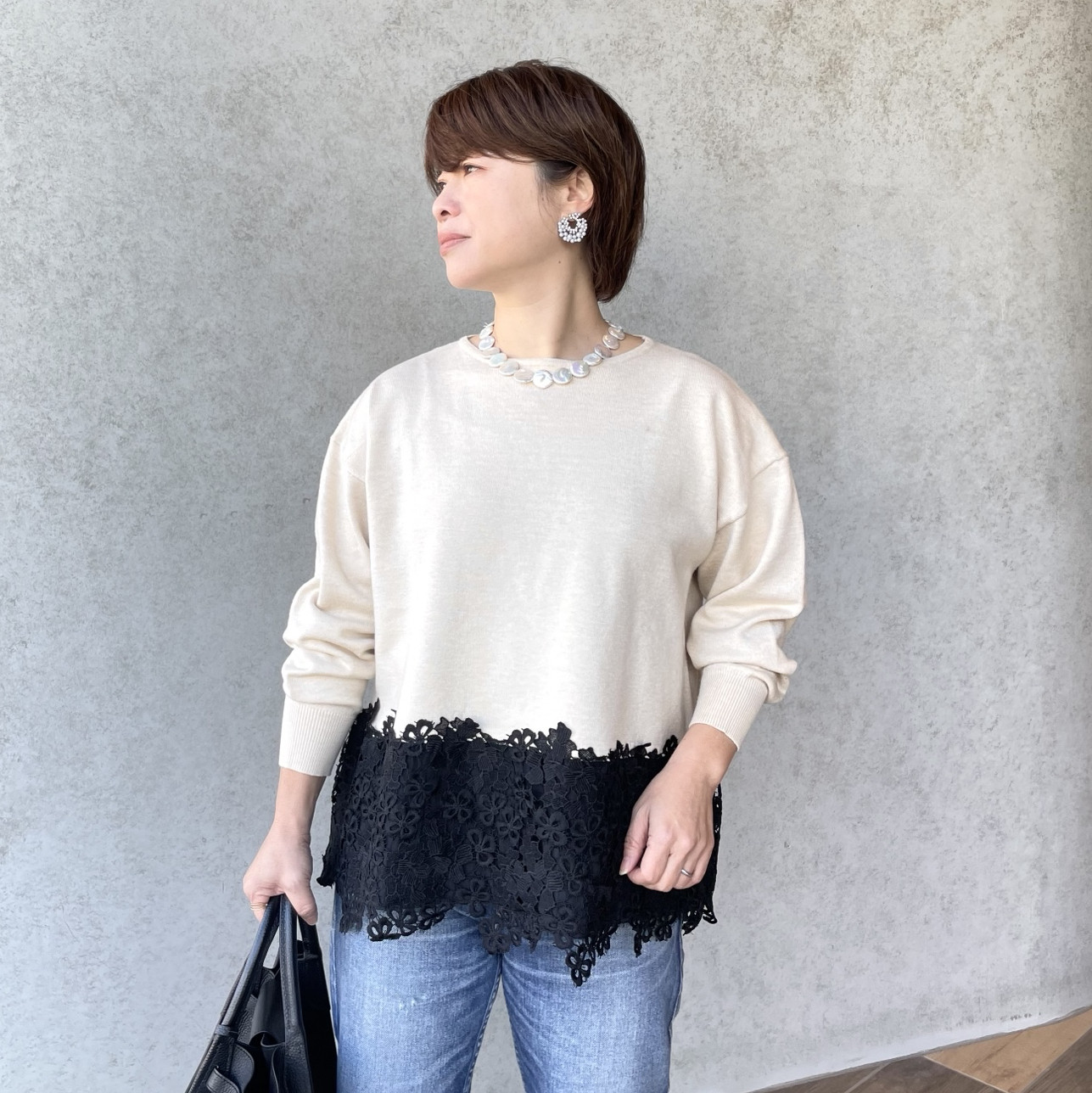 小柄S■春まで活躍♡ゆったり着痩せ♡360度大人お可愛いレース切り替えニット ベージュ■KMC-744 344873