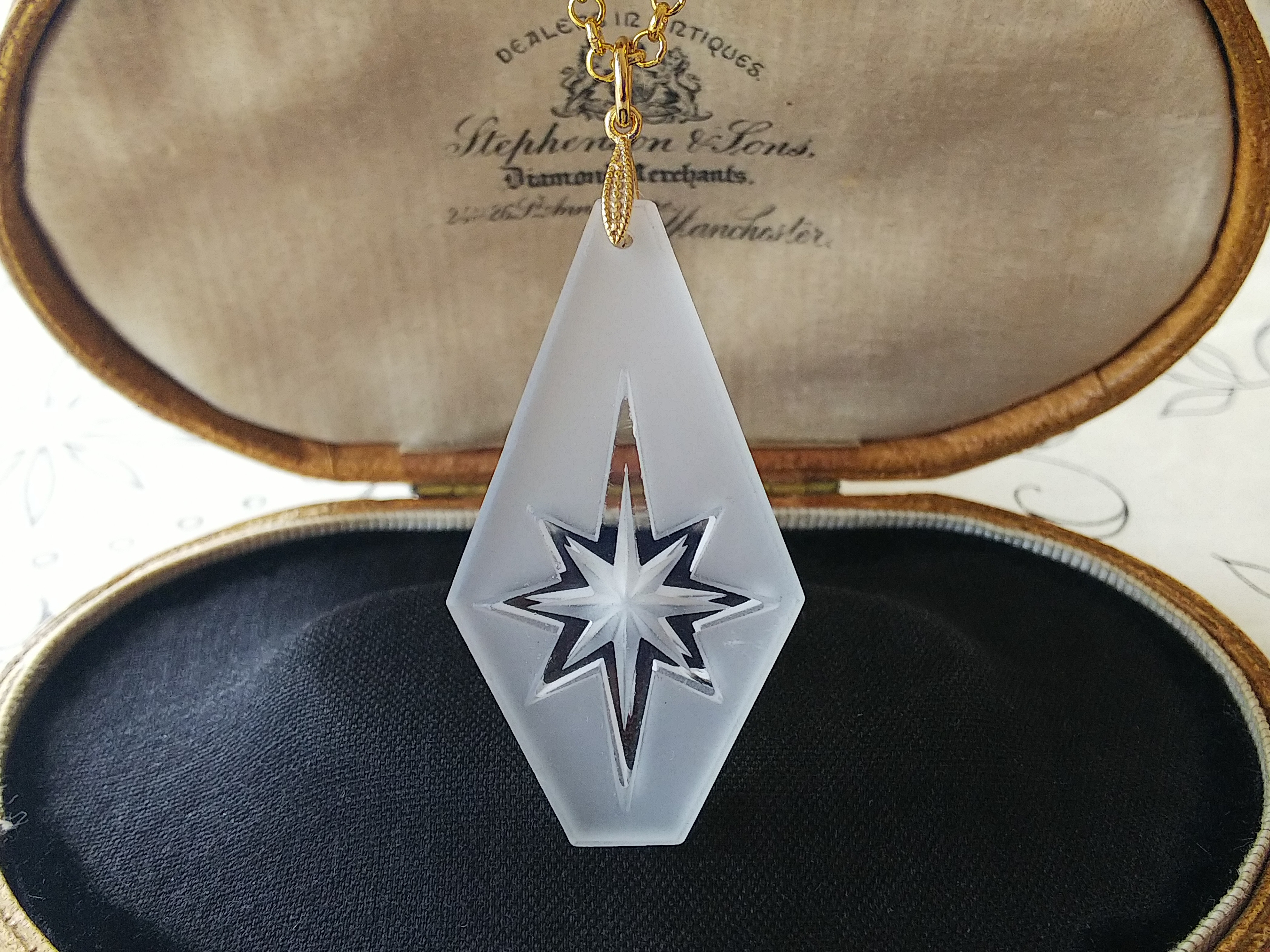 ヴィンテージ　大きなFrost-Glass／Clear八芒星　クラシカルネックレス（Gold色）