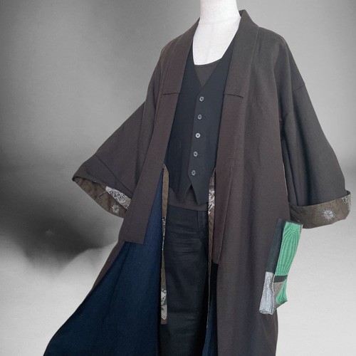 メンズ 着丈120cm あったか丹前 作務衣コート ポケット 着物リメイク