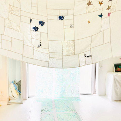 永遠の布 青い刺繍 大判ポジャギ 105×185cm カーテン MMM MADE 通販