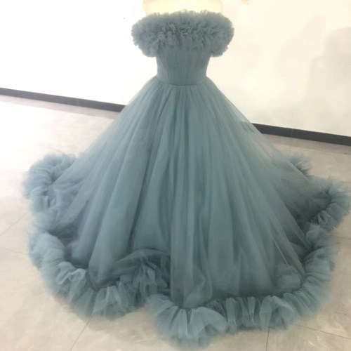 パーティードレス 水色 オフショルダー 披露宴 ボリュームドレス  