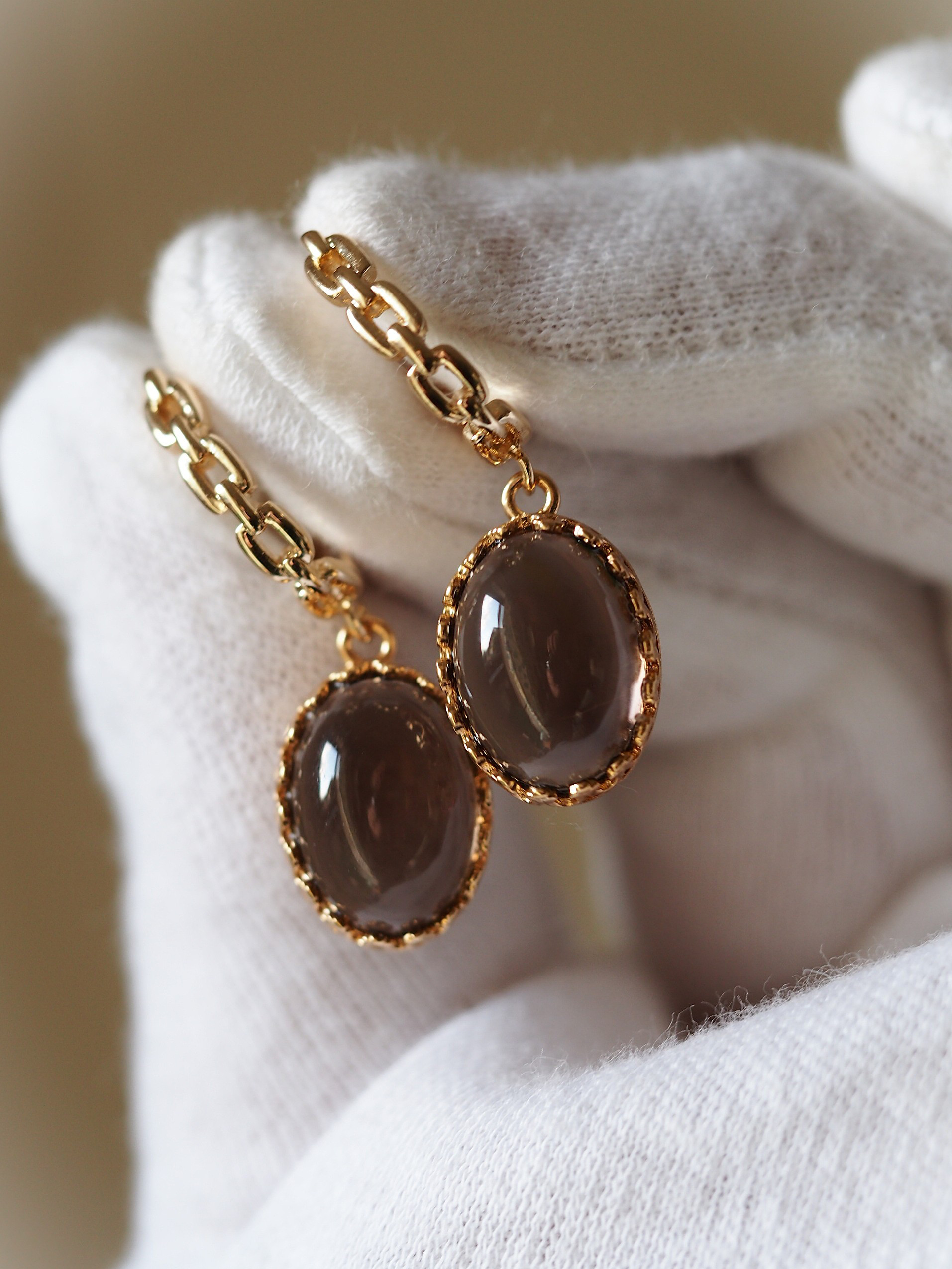 スモーキークォーツ１４　K18YGP台座＆K14gfチェーンデザインフープピアス❀