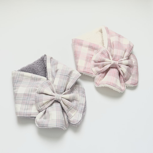 キッズマフラー リボン付きのティペット チェック柄 スヌード ボア  