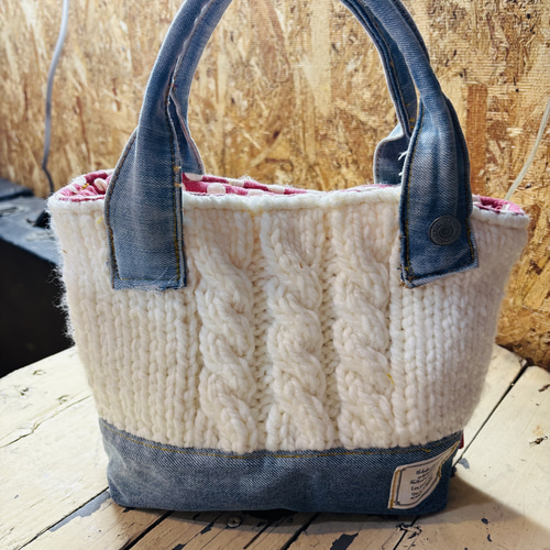 デニムと毛糸のミニトートバッグ ハンドメイド トートバッグ M.MARI 