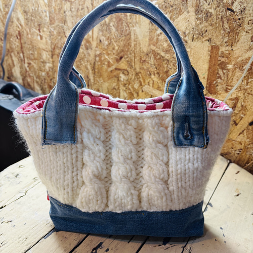 デニムと毛糸のミニトートバッグ ハンドメイド トートバッグ M