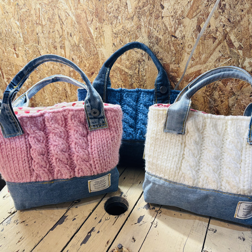 デニムと毛糸のミニトートバッグ ハンドメイド トートバッグ M.MARI