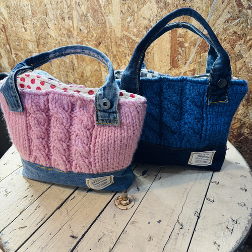 デニムと毛糸のミニトートバッグ ハンドメイド トートバッグ M.MARI 