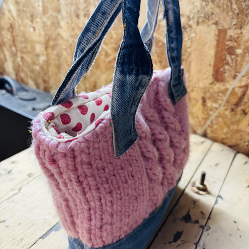 デニムと毛糸のミニトートバッグ ハンドメイド トートバッグ M.MARI