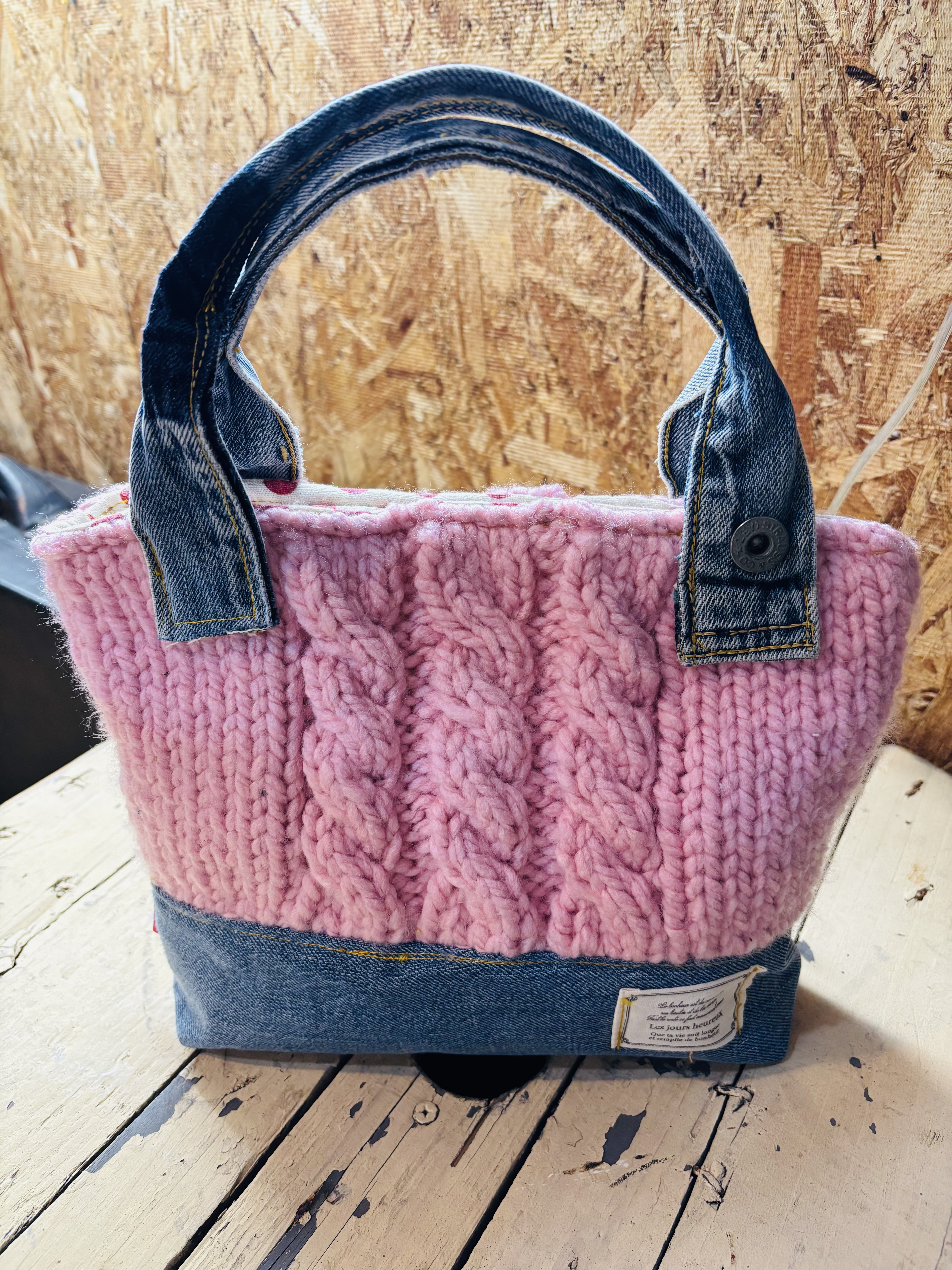 デニムと毛糸のミニトートバッグ ハンドメイド トートバッグ M