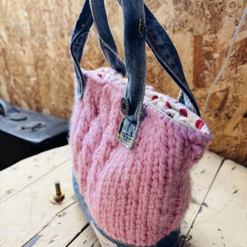デニムと毛糸のミニトートバッグ ハンドメイド トートバッグ M.MARI 