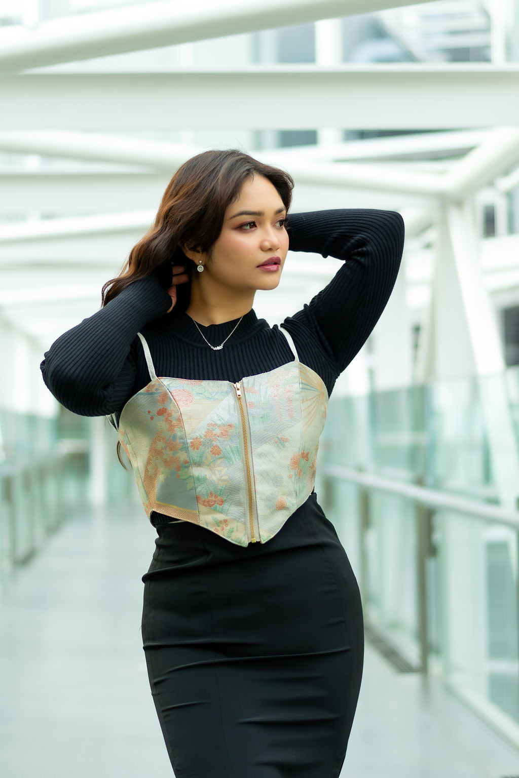 【着物帯リメイク】　メタリック　フロントファスナーキャミソール