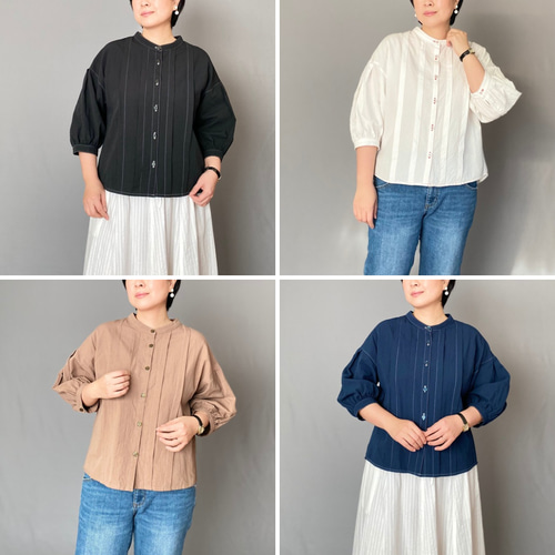 コットンリネンの七分袖タックブラウス (モカブラウン) 大人