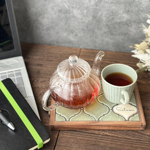 アンティークコラベルタイルトレー くすみグリーン 名前刻印タイル入り