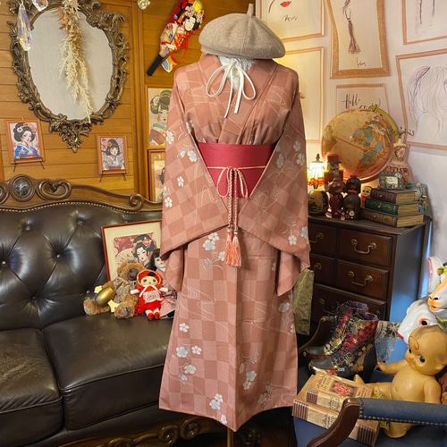 着物リメイク　大島紬　フリルカラーワンピース 着物リメイク 大島紬 フリルカラー ワンピース 着物リメイク＊大島紬