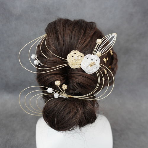 ゴールドとホワイトの水引の髪飾り,フルセット】髪飾り/ヘッドドレス