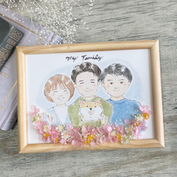 プリザーブドフラワー付き似顔絵オーダー　色鉛筆と水彩のほんわかタッチ　家族の似顔絵　お誕生日　記念日　2Lサイズ 4枚目の画像