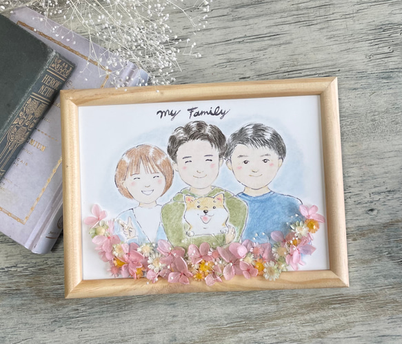 プリザーブドフラワー付き似顔絵オーダー　色鉛筆と水彩のほんわかタッチ　家族の似顔絵　お誕生日　記念日　2Lサイズ 4枚目の画像