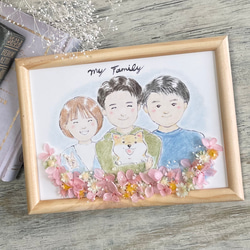 プリザーブドフラワー付き似顔絵オーダー　色鉛筆と水彩のほんわかタッチ　家族の似顔絵　お誕生日　記念日　2Lサイズ 1枚目の画像