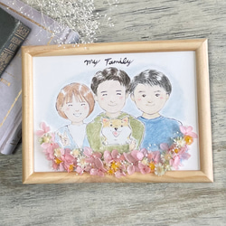 プリザーブドフラワー付き似顔絵オーダー　色鉛筆と水彩のほんわかタッチ　家族の似顔絵　お誕生日　記念日　2Lサイズ 2枚目の画像