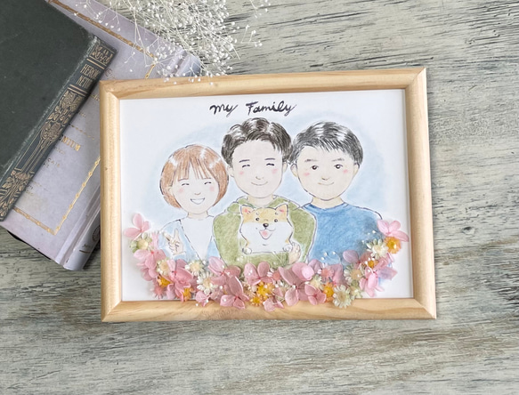 プリザーブドフラワー付き似顔絵オーダー　色鉛筆と水彩のほんわかタッチ　家族の似顔絵　お誕生日　記念日　2Lサイズ 2枚目の画像