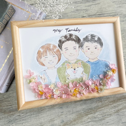 プリザーブドフラワー付き似顔絵オーダー　色鉛筆と水彩のほんわかタッチ　家族の似顔絵　お誕生日　記念日　2Lサイズ 3枚目の画像