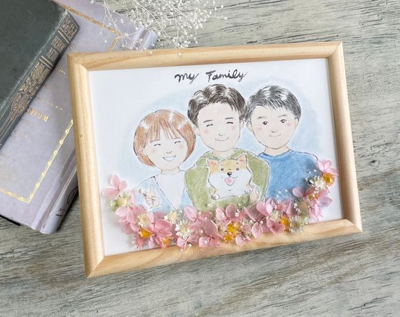 プリザーブドフラワー付き似顔絵オーダー　色鉛筆と水彩のほんわかタッチ　家族の似顔絵　お誕生日　記念日　2Lサイズ 3枚目の画像