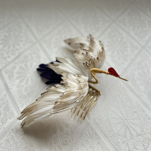 正絹羽二重 つまみ細工 鶴の髪飾り コーム ふひと 通販 18674285