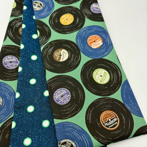 【半幅帯単品】4121木綿半幅帯　レトロレコード盤柄　グリーン×デニム調ドット柄 半幅帯単品】4121木綿半幅帯 レトロレコード盤柄 グリーン