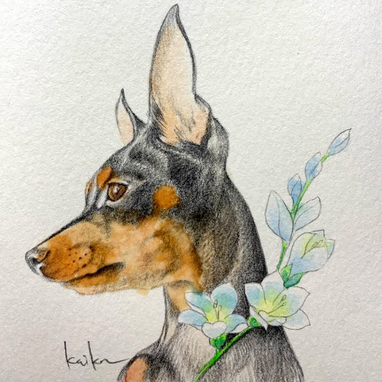 ペットｘお花の似顔絵オーダー水彩イラスト