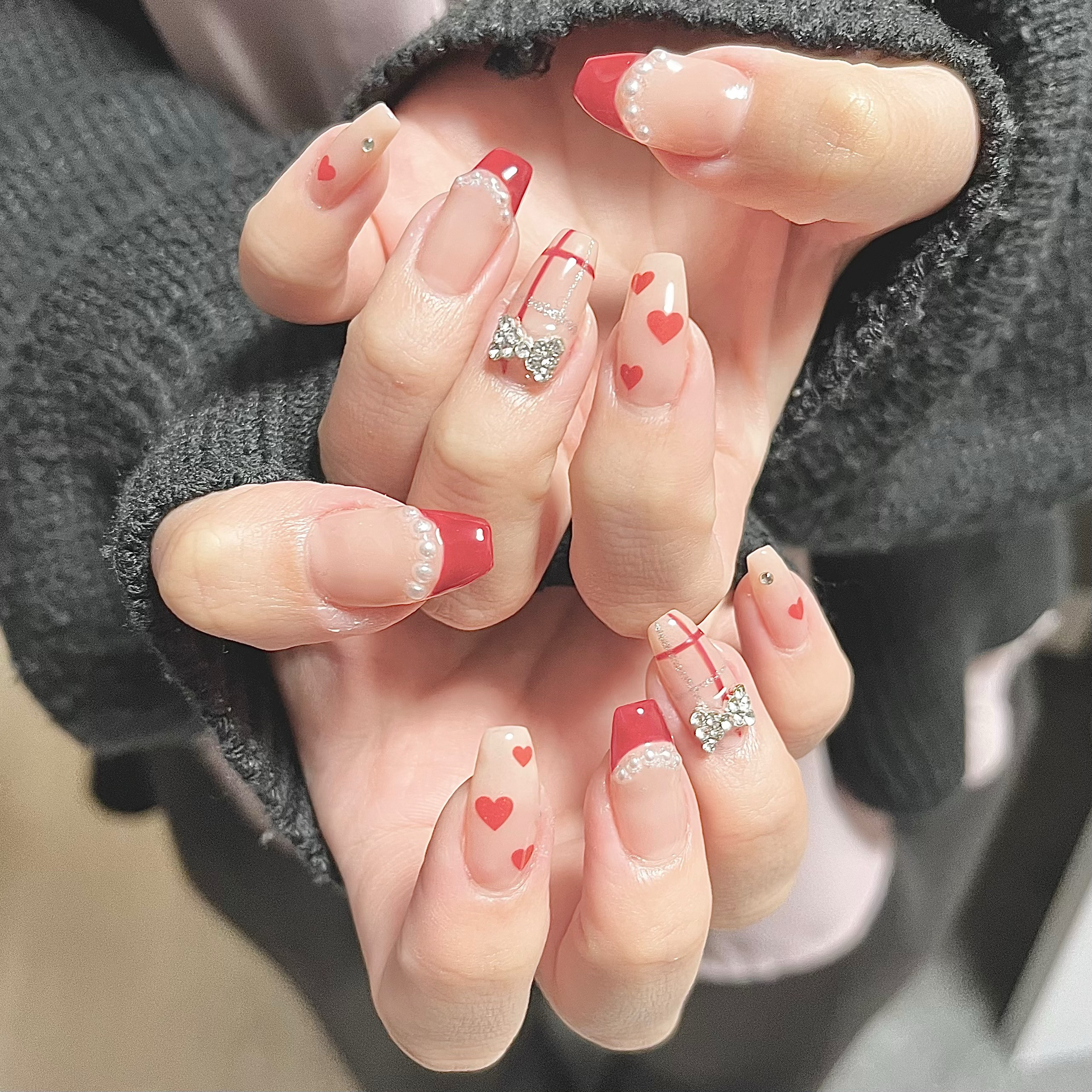 フレンチガーリー ネイルチップ クリスマス リボン ツリー ピンク no.032